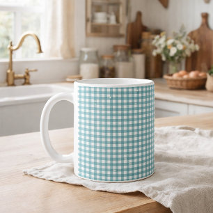 Caneca De Café Xadrez de Ginga Azul e Branco Estilo Cottagecore
