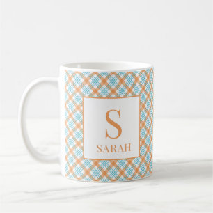 Caneca De Café Xadrez de Laranja e Verde Monograma Nome