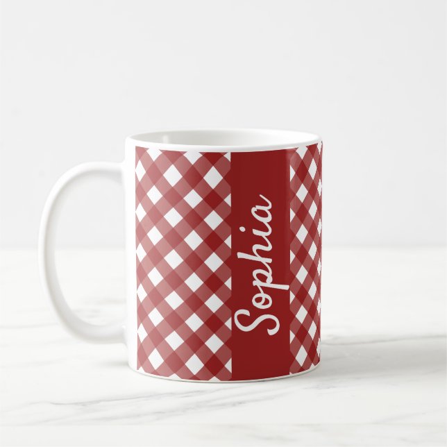 Caneca De Café Xadrez de Verificação de Gingham Branco Vermelho (Esquerda)