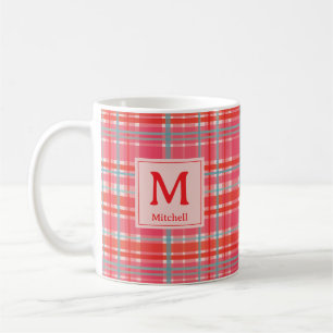 Caneca De Café Xadrez elegante vermelho e rosa monograma de famíl