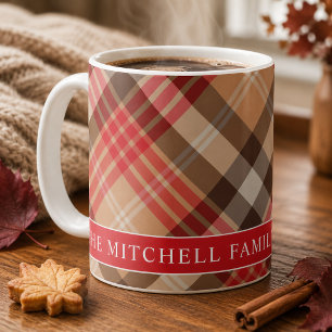 Caneca De Café Xadrez Escocês Monograma Vermelho Bege Família