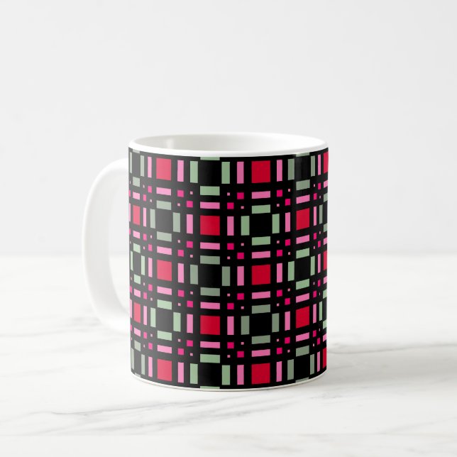 Caneca De Café Xadrez geométrica - faixas vermelhas vermelhas (Frente Esquerda)