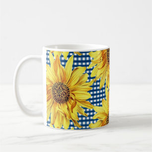 Caneca De Café Xadrez Gingham Azul com Girassóis
