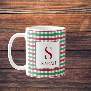 Caneca De Café Xadrez Gingham Vermelho e Verde com Nome e Monogra