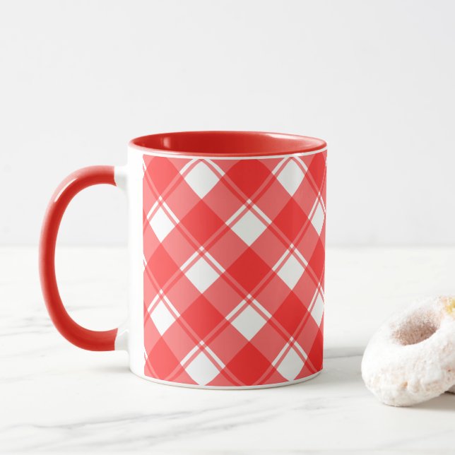 Caneca de Café Xadrez Listrada Vermelha e Branca C (Com Donut)