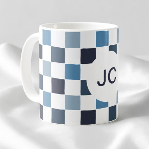 Caneca De Café Xadrez Monograma Azul Branco Moderno Simples