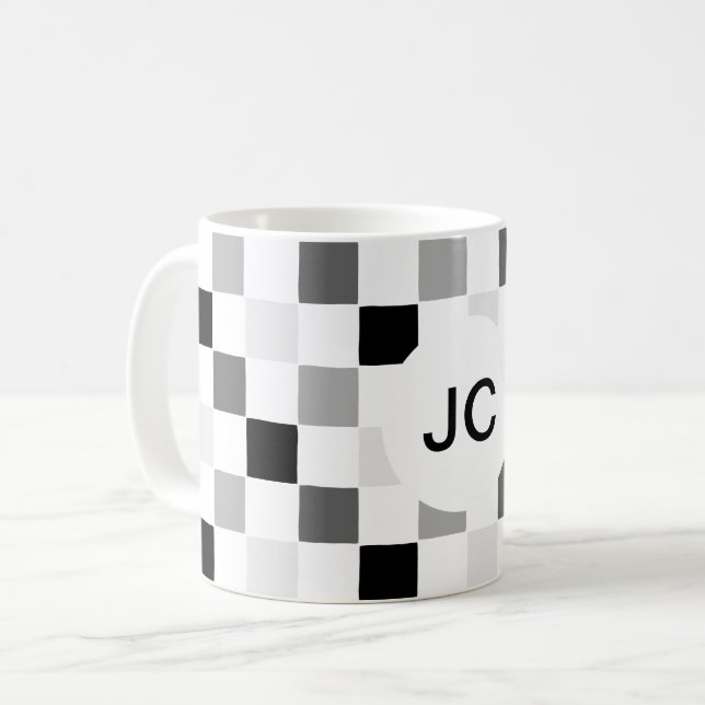 Caneca De Café Xadrez Monograma Preto e Branco Moderno Simples (Frente Esquerda)