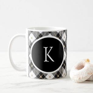 Caneca de Café Xadrez Preto Branco Dourado com Ini