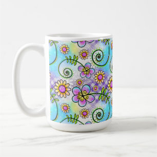 Caneca De Café Xadrez Roxo com Flores e Folhas Desenhadas à Mão