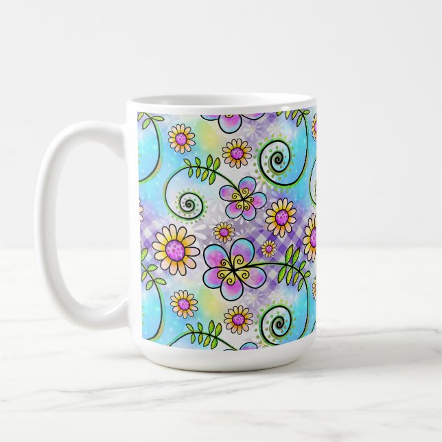 Caneca De Café Xadrez Roxo com Flores e Folhas Desenhadas à Mão (Esquerda)