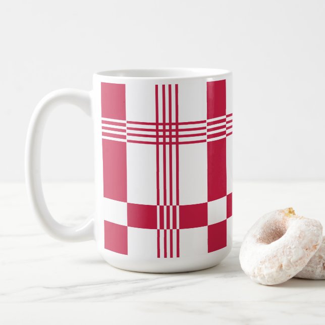 Caneca De Café Xadrez Tartan Vermelho Branco (Com Donut)