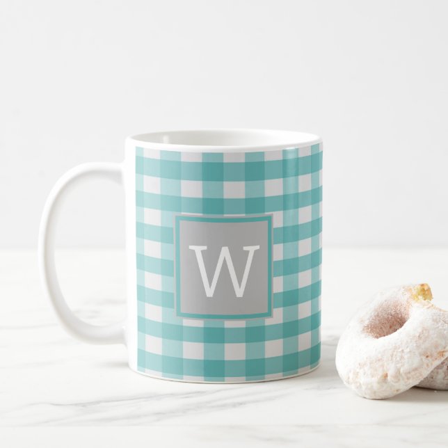 Caneca De Café Xadrez Teal Buffalo Monograma (Com Donut)