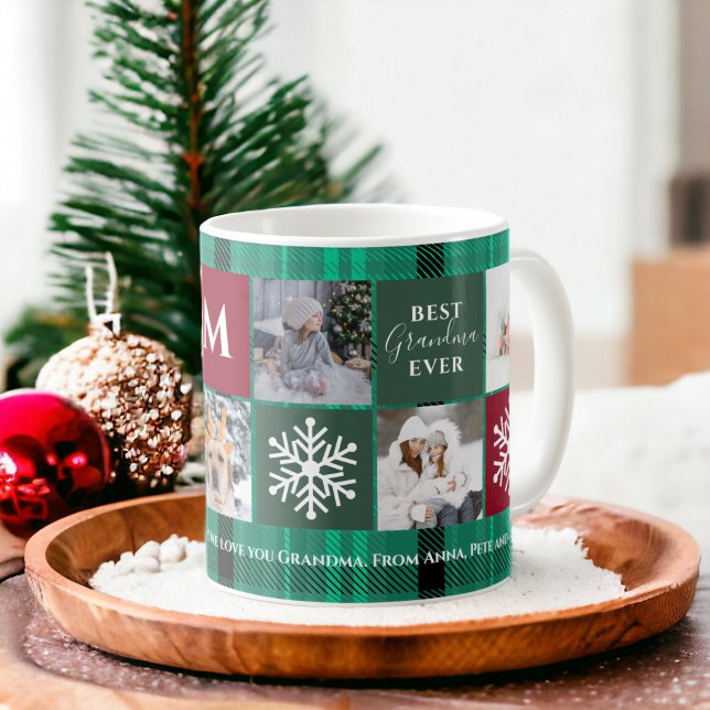 Caneca De Café Xadrez verde da melhor vovó (Christmas 5 photos grid best grandma green plaid coffee mug)