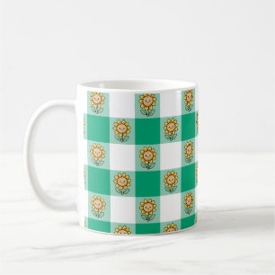 Caneca De Café Xadrez Verde e Girassóis Amarelos