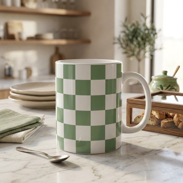 Caneca De Café Xadrez Verde Sálvia e Branco (Criador carregado)