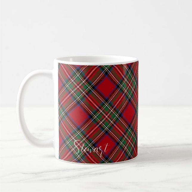 Caneca De Café Xadrez Vermelha de Natal Stewart Tartan Personaliz (Esquerda)