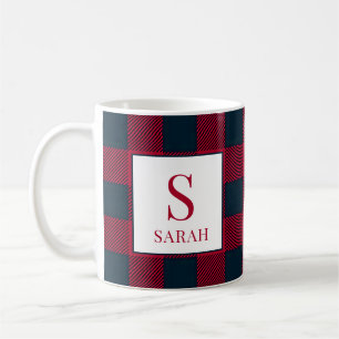 Caneca De Café Xadrez Vermelho e Preto Búfalo Monograma Nome