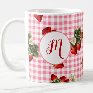 Caneca De Café Xadrez Vermelho Rústico Morango Monograma Personal