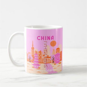 Caneca De Café Xangai China Viagem Arte Rosa