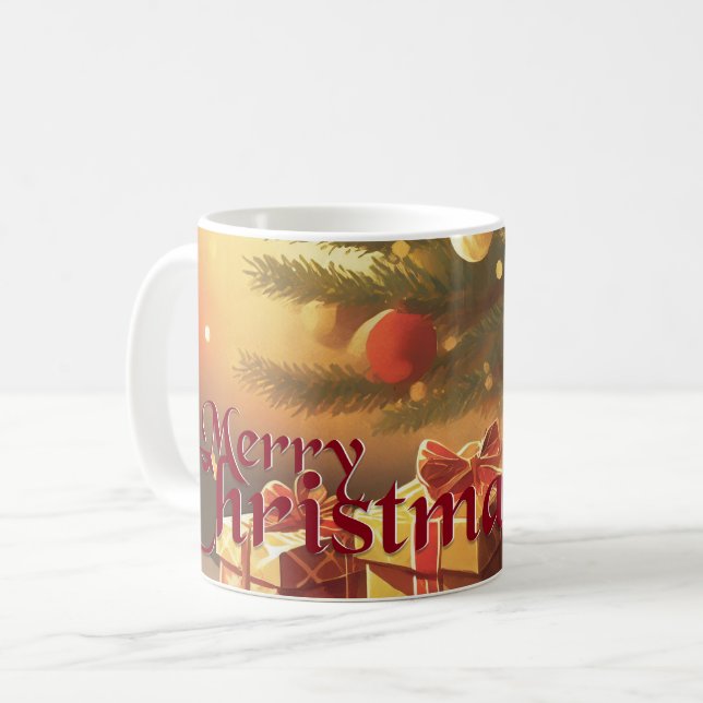 Caneca De Café Xmas Motif, com presentes na árvore de Natal (Frente Esquerda)