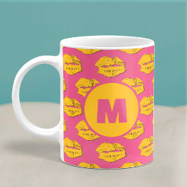 Caneca De Café XOXO Beijos de Lábios Personalizados Rosa e Amarel