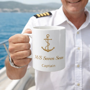 Caneca De Café Yacht de iate branco com âncora de ouro capitão