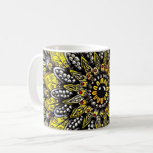 Caneca De Café Yellow Green Hand Drawn Mandala Design (Frente Esquerda)