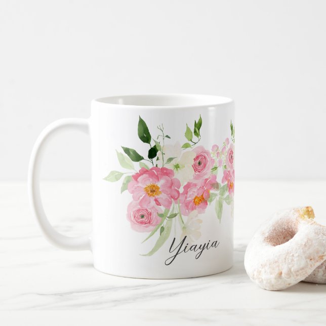 Caneca De Café Yiayia Floral de Primavera (Com Donut)