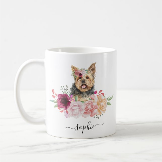 Caneca De Café Yorkie Personalizado Nome Floral Café Mug (Esquerda)