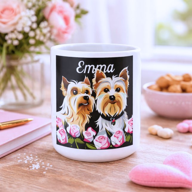 Caneca De Café Yorkies e Rosas Monograma (Criador carregado)