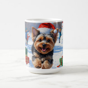 Caneca De Café Yorkipoo Correndo na Neve com Chapéu de Natal