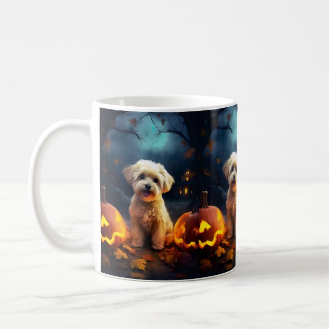 Caneca De Café Yorkipoo do Halloween Com Pumpkins Assustado (Esquerda)