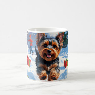 Caneca De Café Yorkshire Terrier em neve com chapéu de Natal