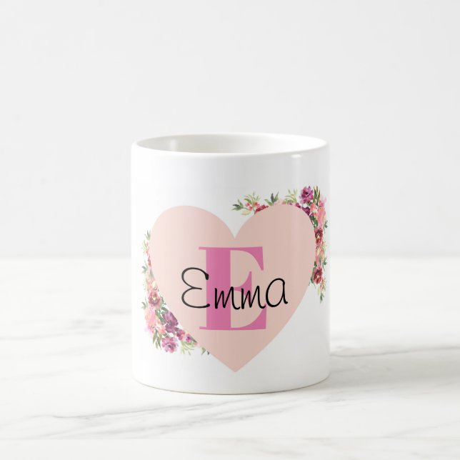 Caneca De Café YOUR NAME/TEXT/ Pink Floral Monogram (Centro)