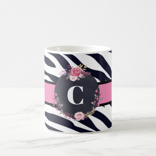 Caneca De Café Zebra Floral Monograma Clássico (Centro)