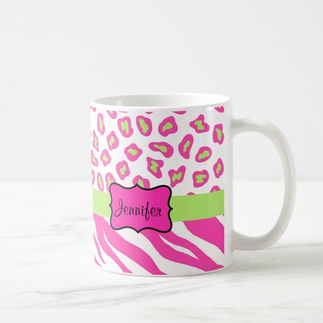 Caneca De Café Zebra rosa e branca e pele de Cheeta personalizada (Direita)