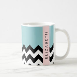 Caneca De Café Zigzag preto-e-branco, Chevron, azul, seu nome