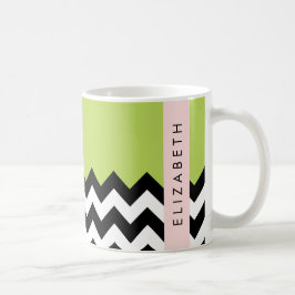 Caneca De Café Zigzag preto-e-branco, Chevron, verde, seu nome