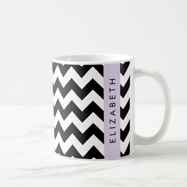 Caneca De Café Zigzag preto-e-branco, padrão Chevron, seu nome (Direita)