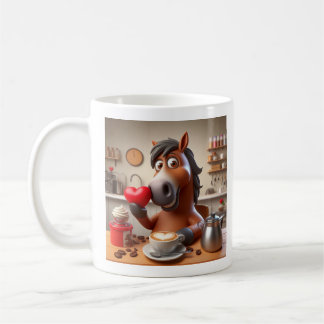 Caneca de cavalo, branca, com café e corações