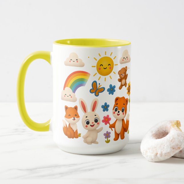 Caneca de Cerâmica Animais Alegres e Arco-íris (Com Donut)