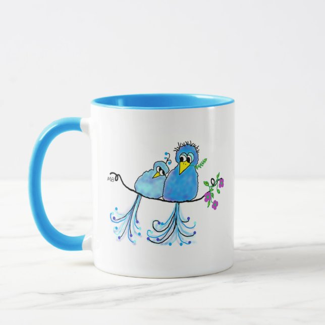 Caneca de Cerâmica Azul Pássaros Caprichosos (Esquerda)