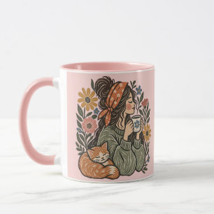 Caneca de Cerâmica Gatinho & Café Cottagecore Acon