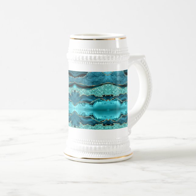 Caneca De Cerveja Agate Teal Blue Glitter Marble Aqua Turquoise (Frente Esquerda)