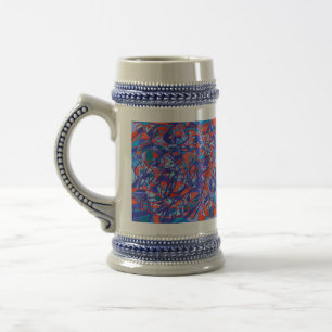 Caneca De Cerveja arte abstracta branca e azul vermelha
