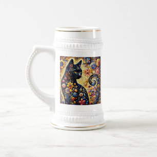 Caneca De Cerveja Arte Floral Abstrato de Gato Negro
