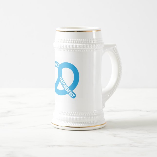 Caneca De Cerveja Azul e Branco Pretzel Brezel Oktoberfest 2023 (Frente Esquerda)