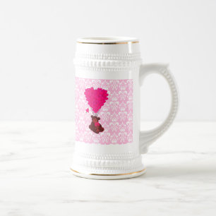 Caneca De Cerveja Balões de Urso e Cardíaco em damasco rosa