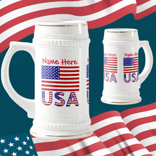 Caneca De Cerveja Bandeira EUA Estados Unidos América Vermelho Perso