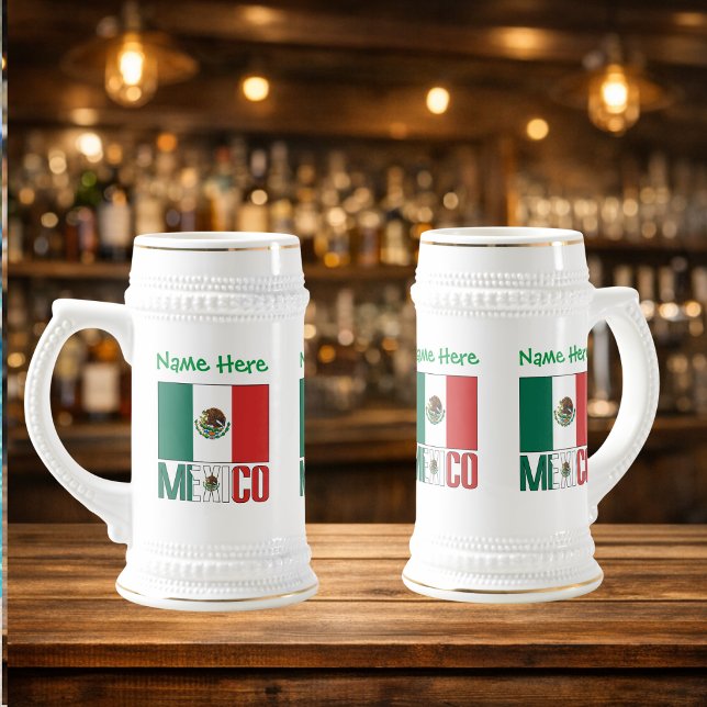 Caneca De Cerveja Bandeira Personalizada do México (Personalized beer stein with design on three sides. Mexican Flag and MEXICO with name above.)